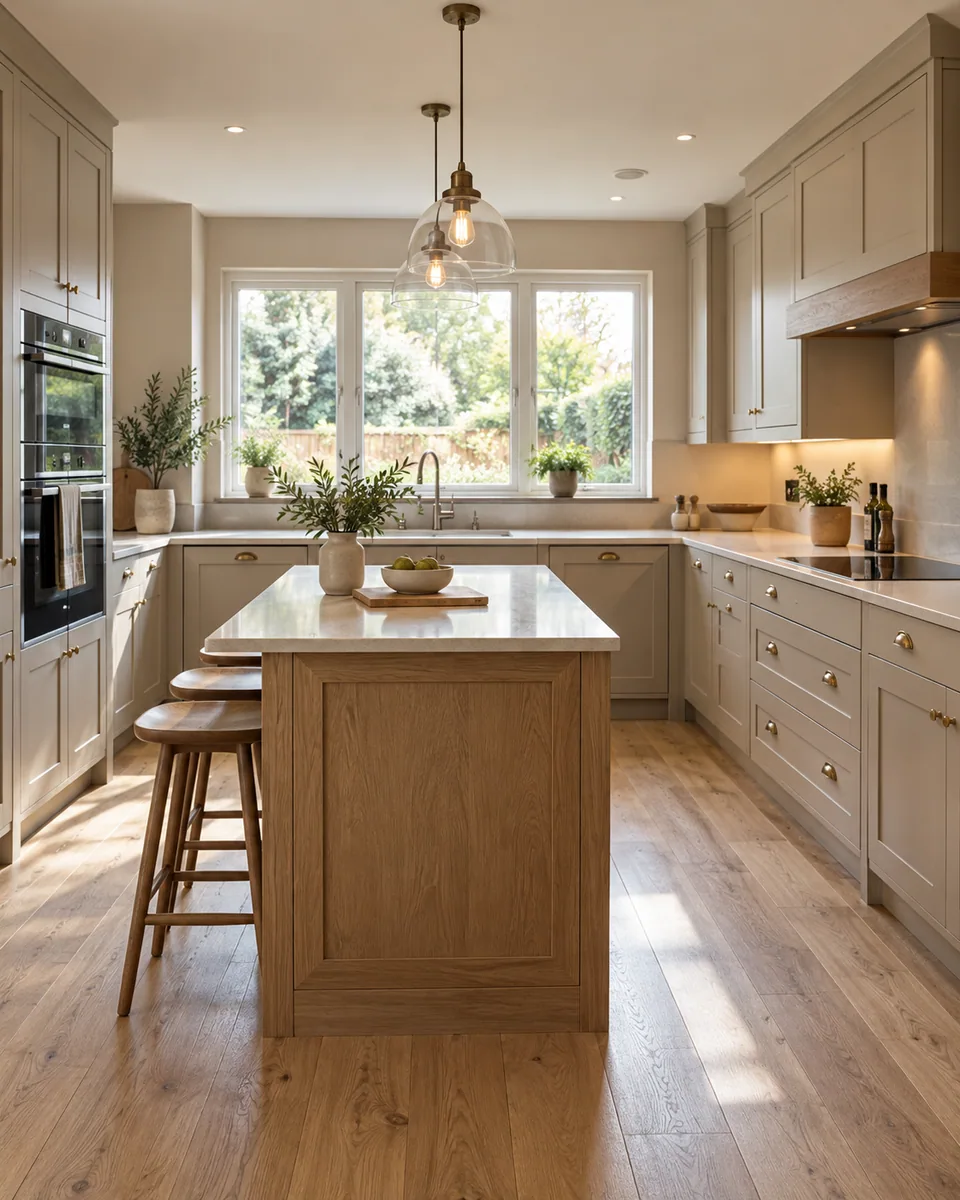 Completed fitted kitchen with coordinated cabinets and practical worktop layout