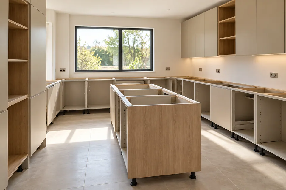 Base cabinet carcasses during kitchen installation before doors and worktops