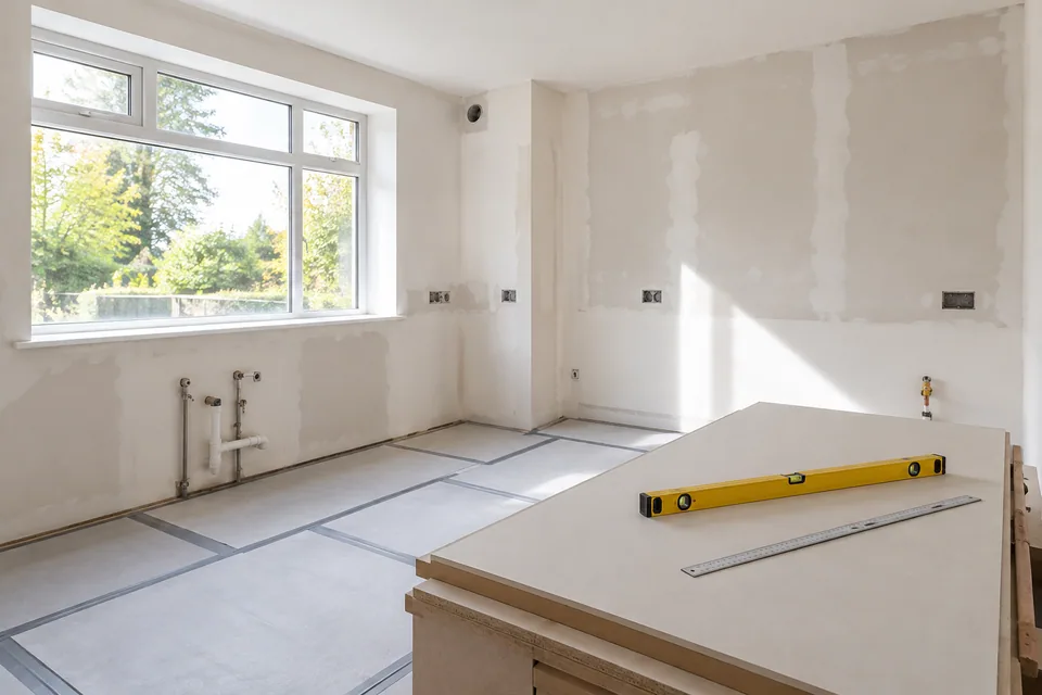 Prepared existing kitchen room with protected floor and measuring equipment