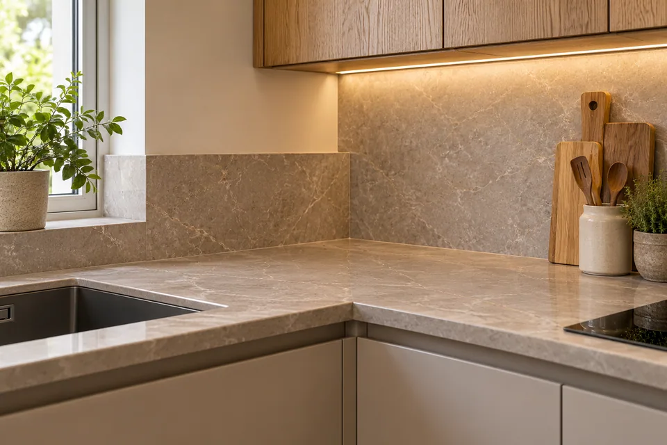 Close view of a fitted kitchen cabinet and worktop finishing detail