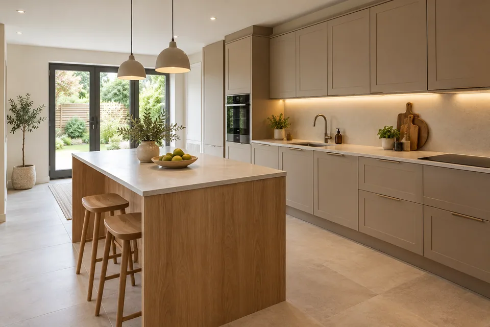 Finished fitted kitchen with integrated appliances and clear working surfaces
