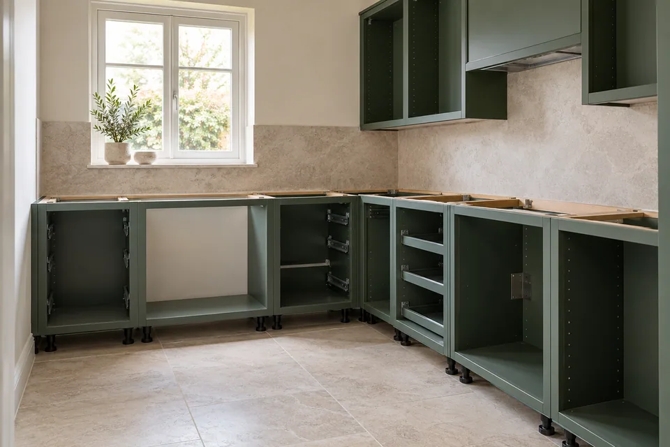 Base cabinet carcasses during kitchen installation before doors and worktops