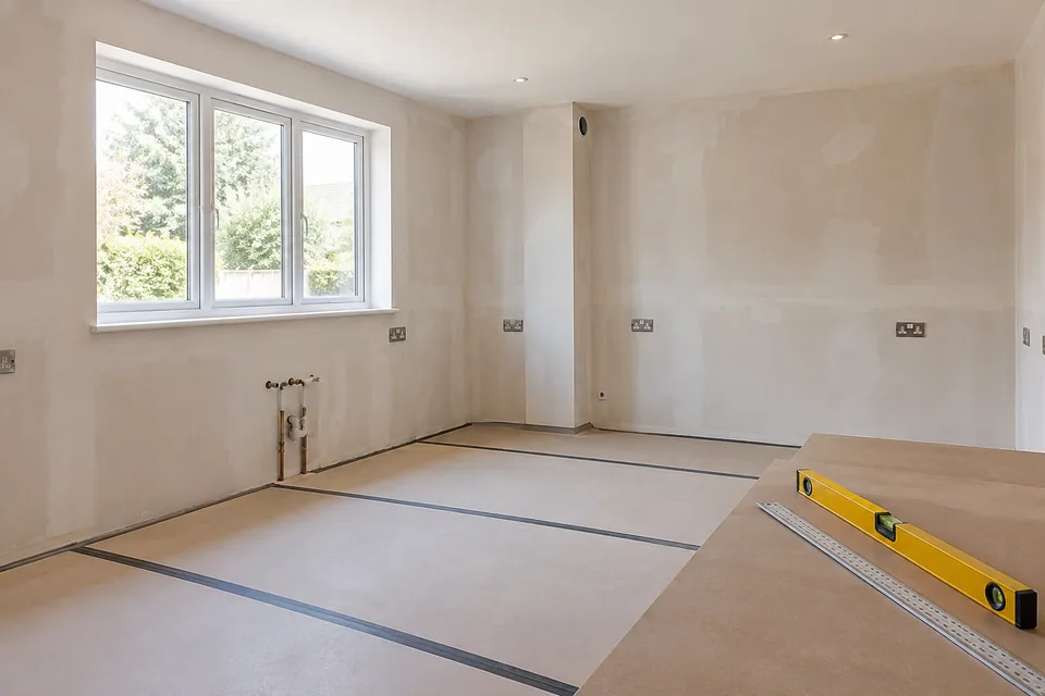 Prepared existing kitchen room with protected floor and measuring equipment