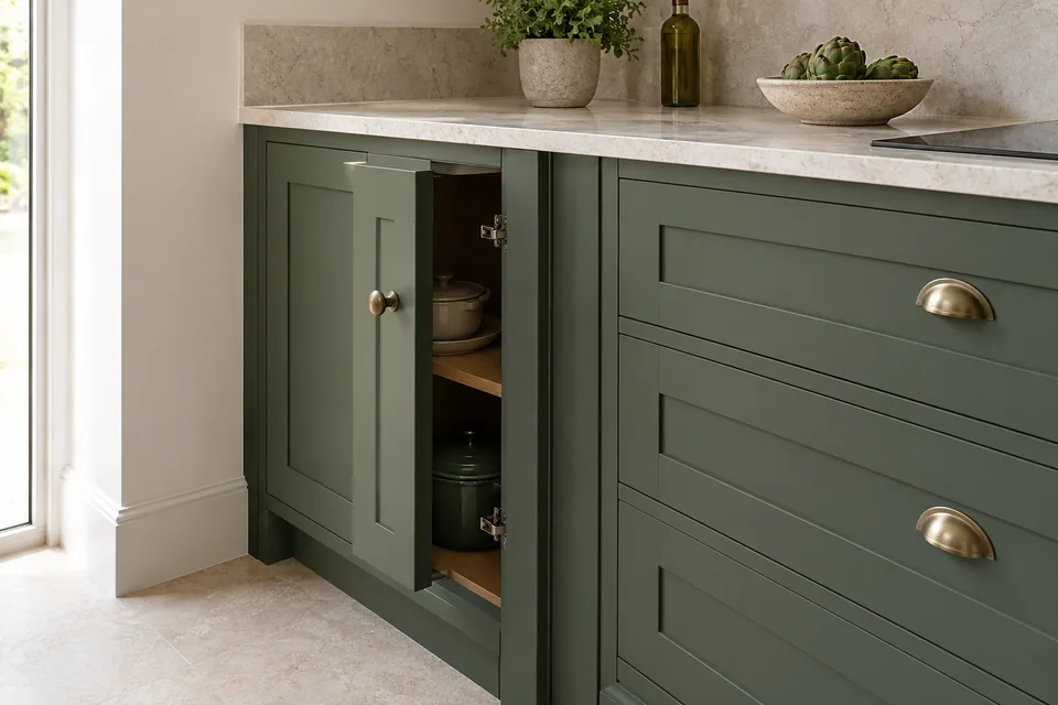 Close view of a fitted kitchen cabinet and worktop finishing detail