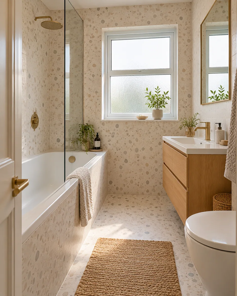 Renovated bathroom with coordinated tiles and fitted bathroom furniture