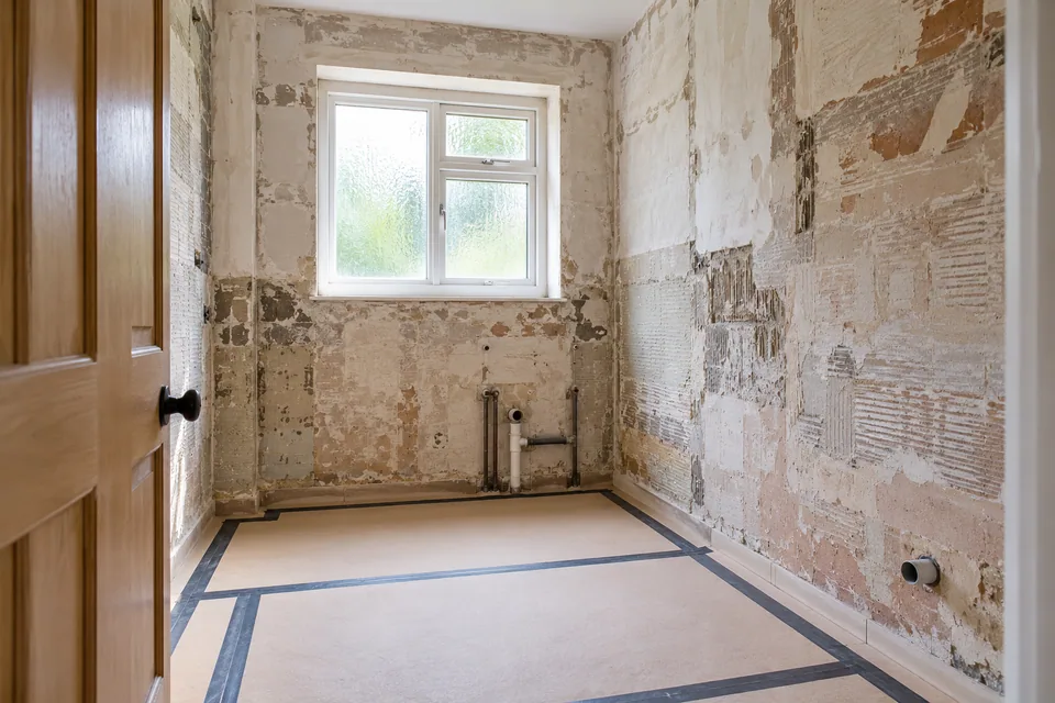 Existing bathroom during surface preparation with protected floor