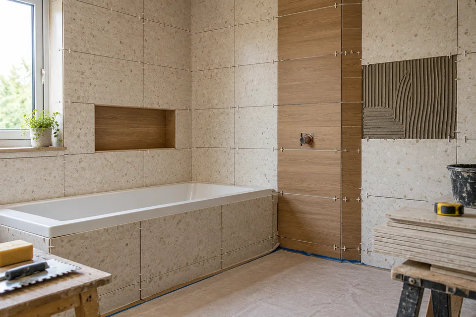 Bathroom wall tiles being laid in aligned rows during renovation