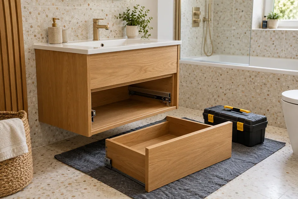 Bathroom vanity furniture during fitting before final drawer adjustment