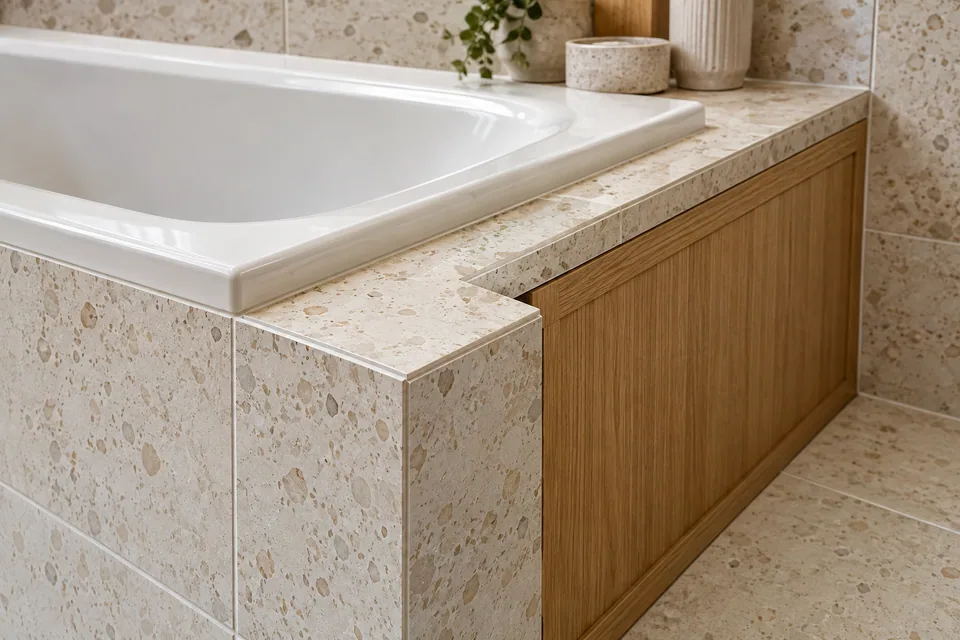 Completed bathroom tile and furniture finishing detail