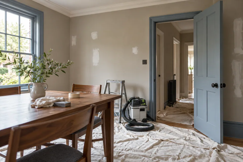 Walls prepared for decorating with protected floor and shallow filled areas