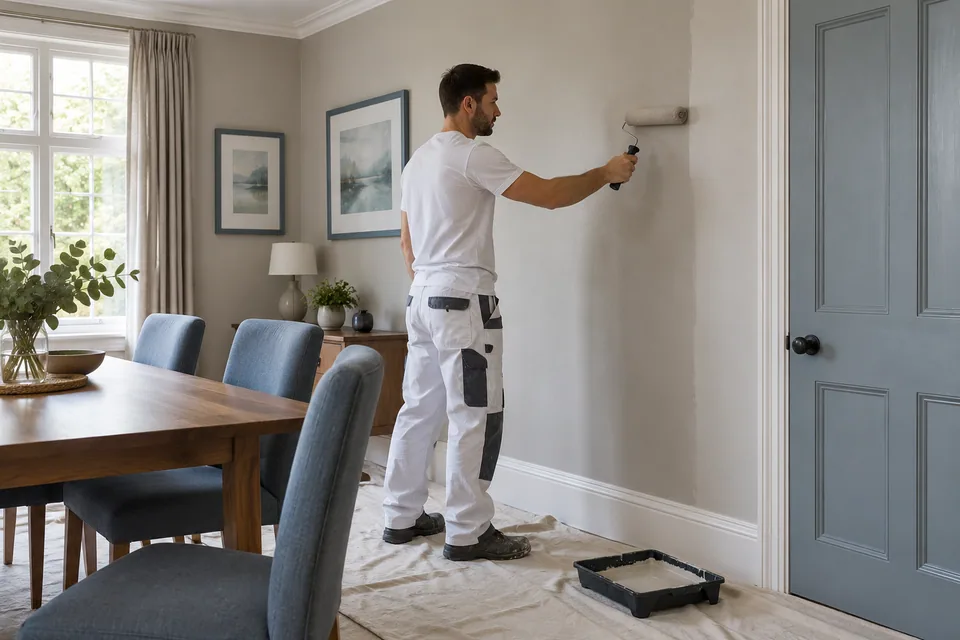 Decorator applying an interior wall coating with a roller from floor level