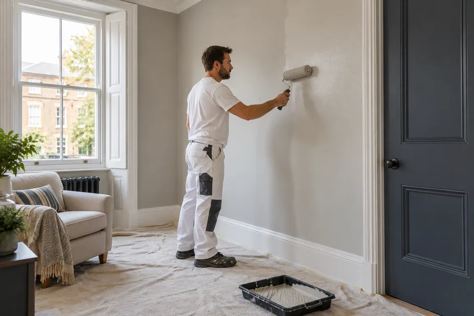 Decorator applying an interior wall coating with a roller from floor level