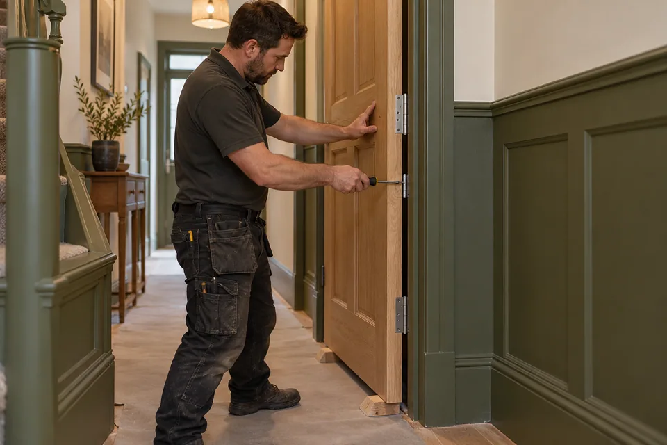 Carpenter aligning a supported internal door and fitting its hinge
