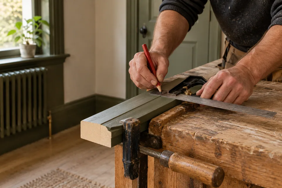 Timber component measured and marked on a stable workbench